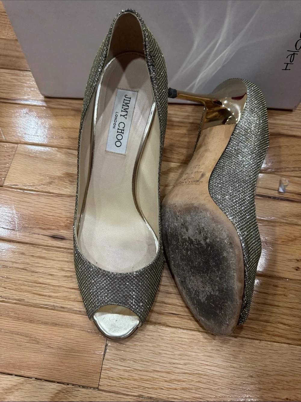 Jimmy Choo Gold Glitter Peep-Toe Heels